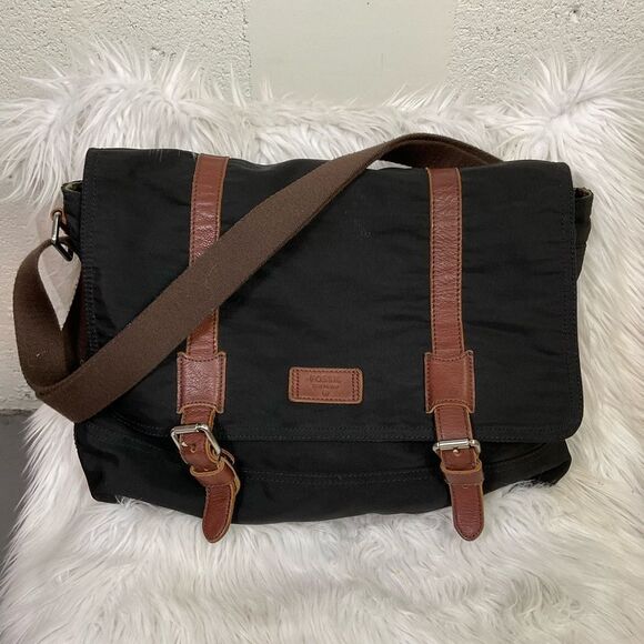 Fossil Canyon Black Brown Foldover Flap Messenger Computer Shoulder Bag - Picture 4 of 11